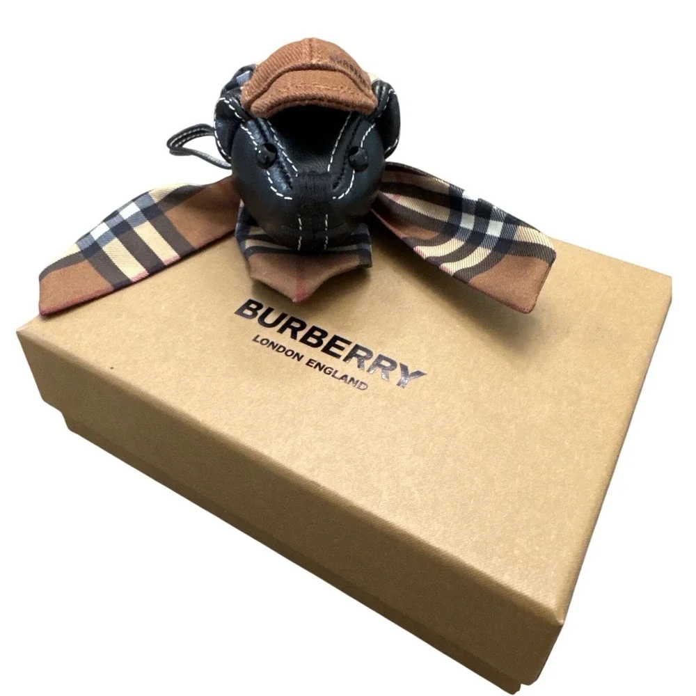 Burberry Thomas Bear Bag Charm Keychain Brown Cap Check Scarf Leather w/ Box - Picture 3 of 10